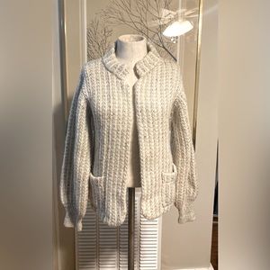 Vintage Oatmeal Fuzzy Wool Blend Knit Cardigan Sweater with Bishop Sleeves SizeP